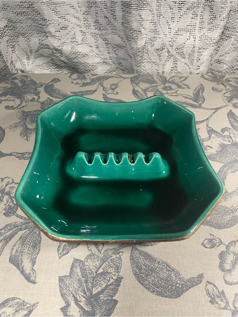 Vintage Ashtray Green Ceramic Geometric Shape Trinket Dish